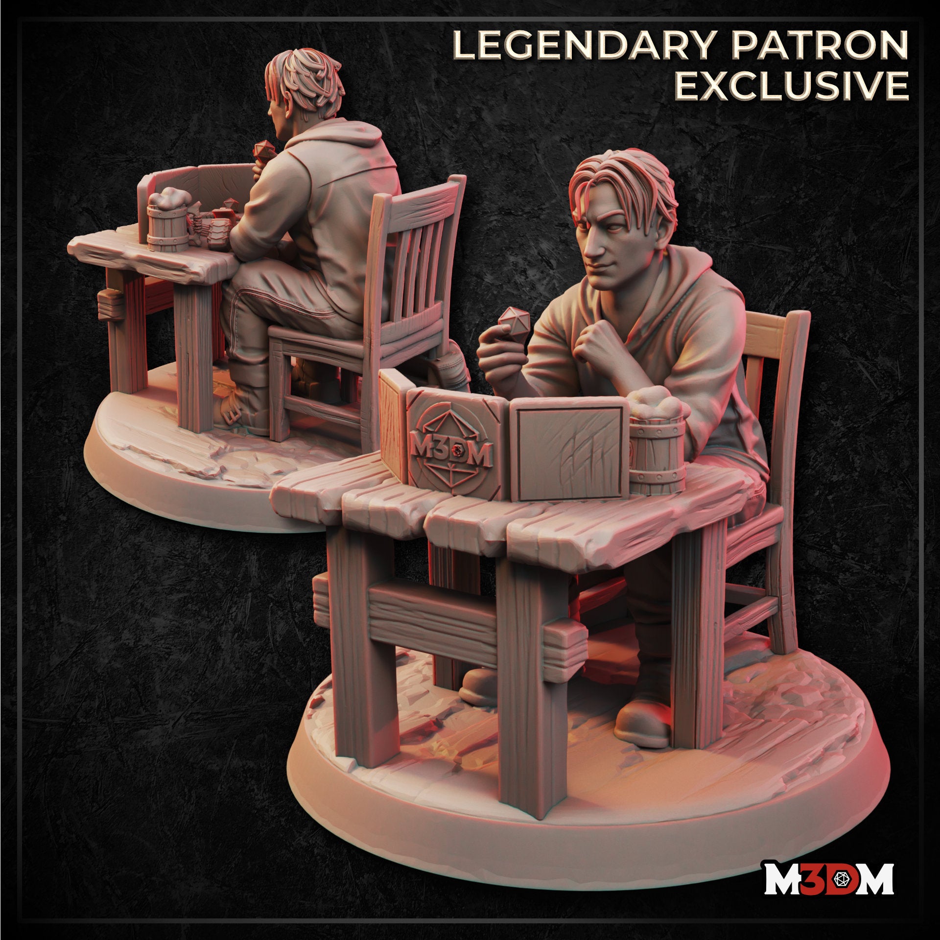 Digital render showing two angles of the Male Dungeon Master miniature — a seated male figure at a wooden tavern table, holding a d20, with an open tome and tankard on the table and a bag at his feet