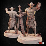 Digital render showing front and back views of an unpainted Male Hobgoblin Barbarian miniature — bare-chested with pointed ears, holding a large rune-etched serrated greatsword planted in the ground and raising a severed bearded head aloft, wearing a ragged hide skirt, on a rocky scenic base with crystal details