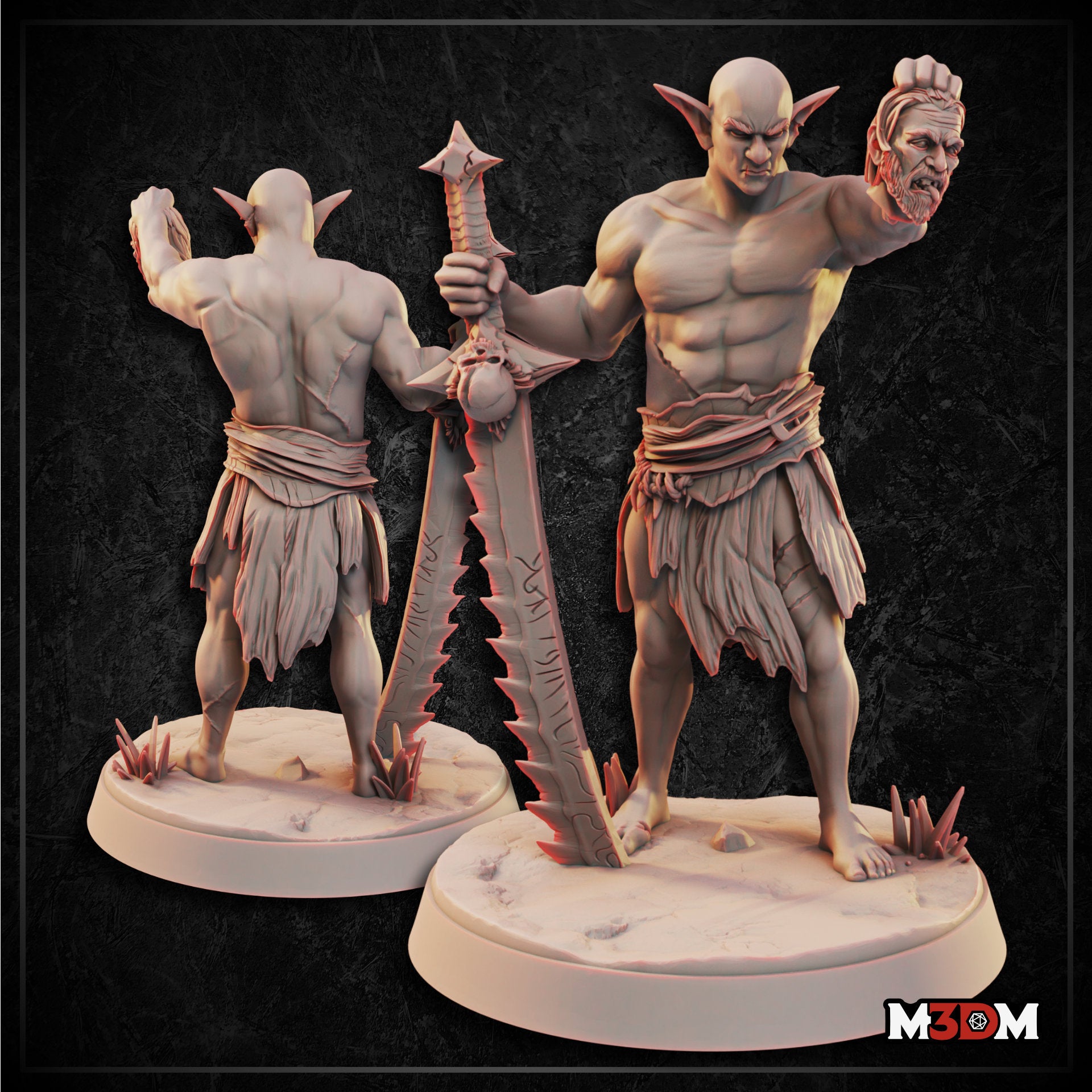Digital render showing front and back views of an unpainted Male Hobgoblin Barbarian miniature — bare-chested with pointed ears, holding a large rune-etched serrated greatsword planted in the ground and raising a severed bearded head aloft, wearing a ragged hide skirt, on a rocky scenic base with crystal details