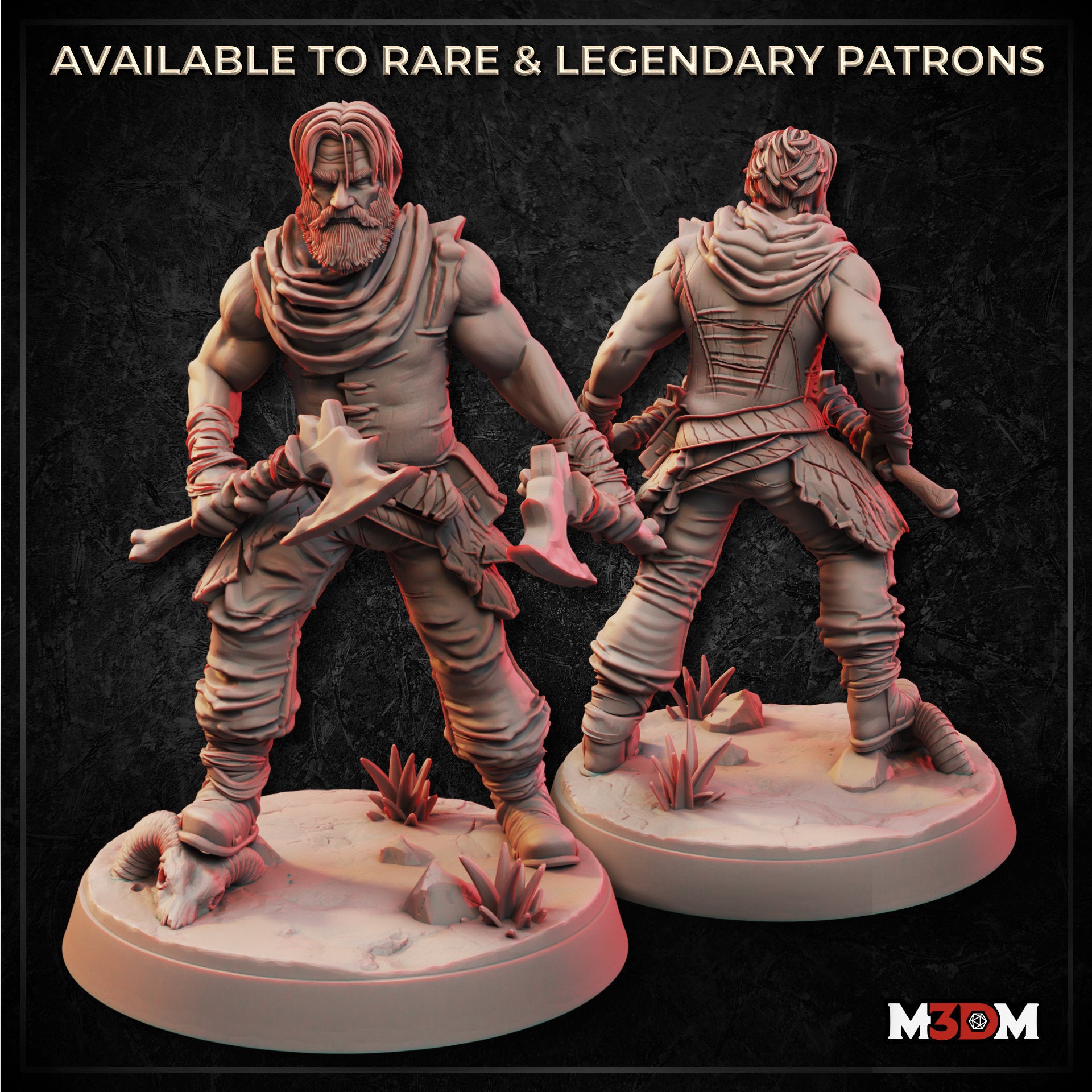 Digital render showing front and back views of an unpainted male human barbarian miniature — broad-shouldered with cloth wrappings, a full beard, and a bone club, posed mid-stride on a scenic desert base with scattered rocks, scrub plants, and a ram's skull