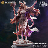 Rear view of a horned female witch miniature showing a deeply textured fur-trimmed cloak with ragged, membrane-like trailing edges, a coiling tail, and a detailed bone-scattered base. Sculpt by DM Stash.