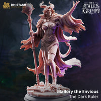 Rear view of a horned female witch miniature showing a deeply textured fur-trimmed cloak with ragged, membrane-like trailing edges, a coiling tail, and a detailed bone-scattered base. Sculpt by DM Stash.