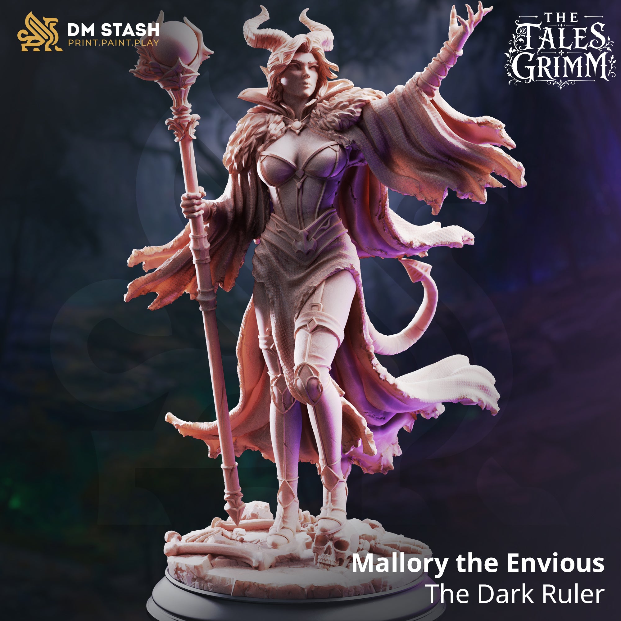 Rear view of a horned female witch miniature showing a deeply textured fur-trimmed cloak with ragged, membrane-like trailing edges, a coiling tail, and a detailed bone-scattered base. Sculpt by DM Stash.
