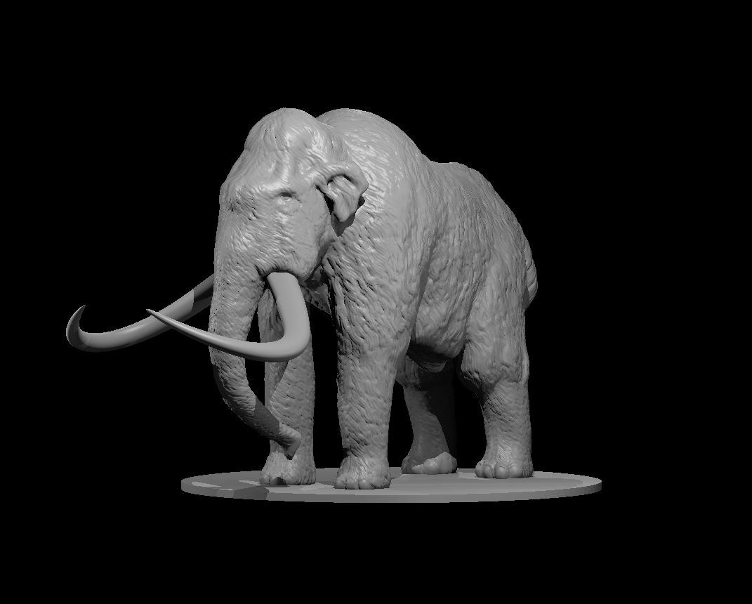 Woolly mammoth miniature by MZ4250, standing in a forward stride pose with long sweeping curved tusks, heavily textured shaggy fur across the body and flanks, wrinkled skin detail on the face and legs, mounted on an oval base.
