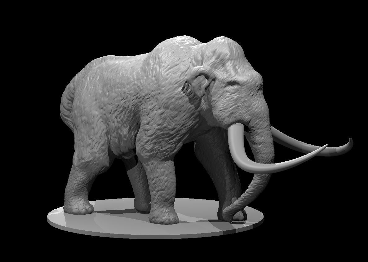 Woolly mammoth miniature walking forward, dense fur texture covering the body, long sweeping curved tusks, domed skull, trunk reaching downward. Sculpt by MZ4250.