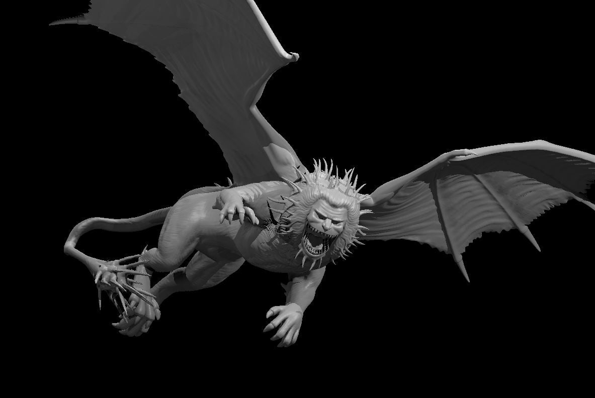 Winged manticore sculpt in mid-flight, clawed forelimbs reaching forward, spined lion-like mane bristling, mouth open wide in a snarl, barbed tail curved behind. Sculpt by MZ4250.