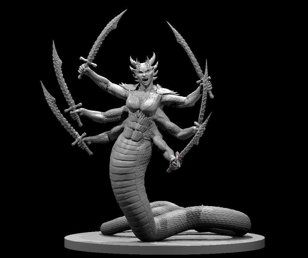 Six-armed female demon with a serpent tail coiled beneath her, each arm raised and wielding a sword fanned outward, snarling face with horns, sculpt by MZ4250.
