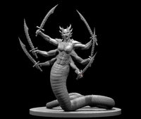 Six-armed female demon with a serpent tail coiled beneath her, each arm raised and wielding a sword fanned outward, snarling face with horns, sculpt by MZ4250.
