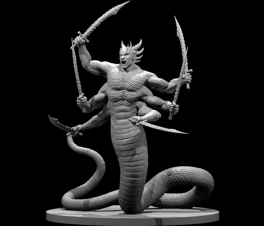 Six-armed serpentine demon rearing upright, each hand gripping a curved blade, scaled muscular torso, coiled serpent lower body, snarling face with spined crest. Sculpt by MZ4250.