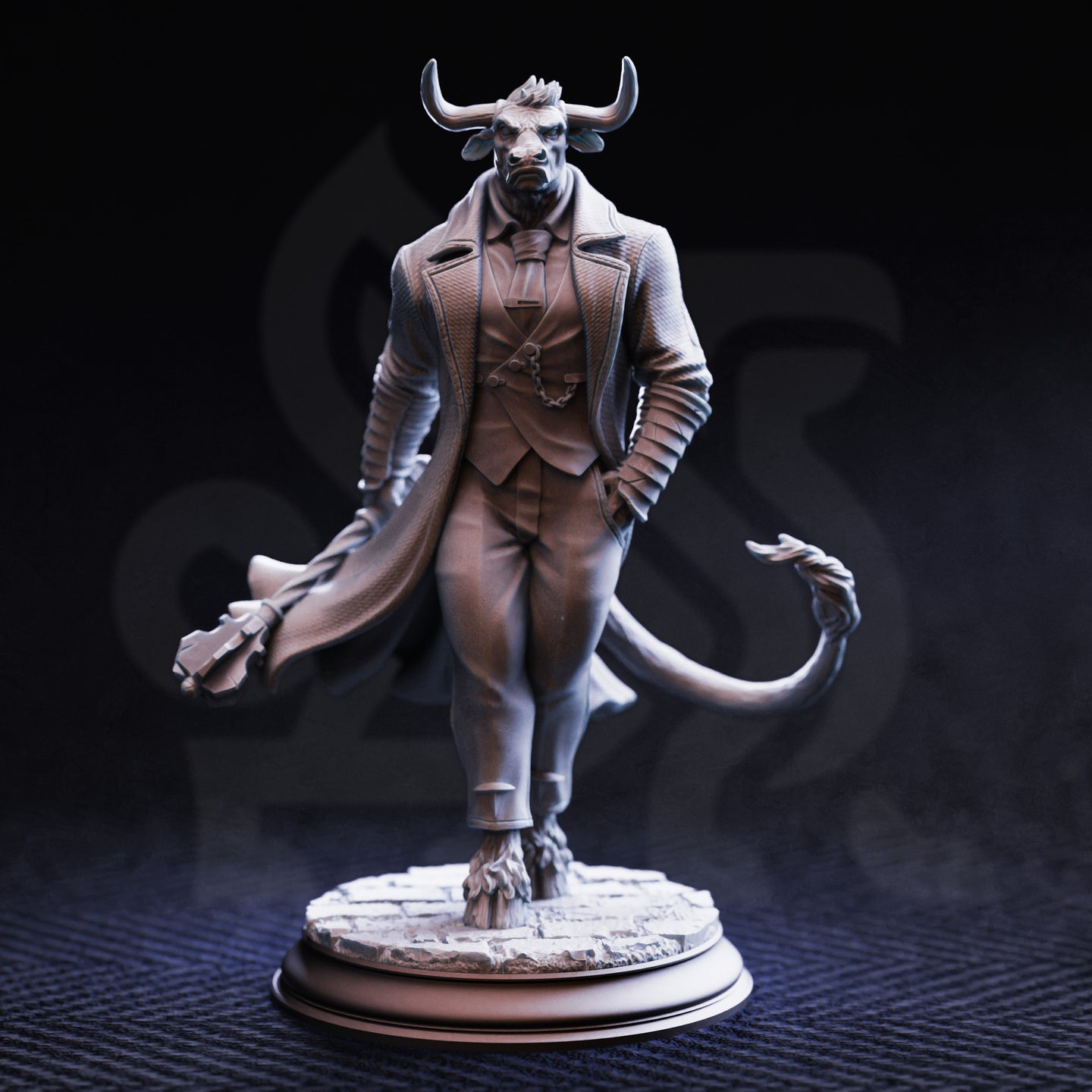 Front-facing photograph of the Marchese di Houf unpainted grey resin miniature. The sculpt shows the minotaur crime lord in a confident mid-stride pose, coat swept open, with fine detail on the layered fabric, ribbed sleeves, pocket watch chain, and tail. The cobblestone base is clearly visible and the overall composition conveys calm, menacing authority.