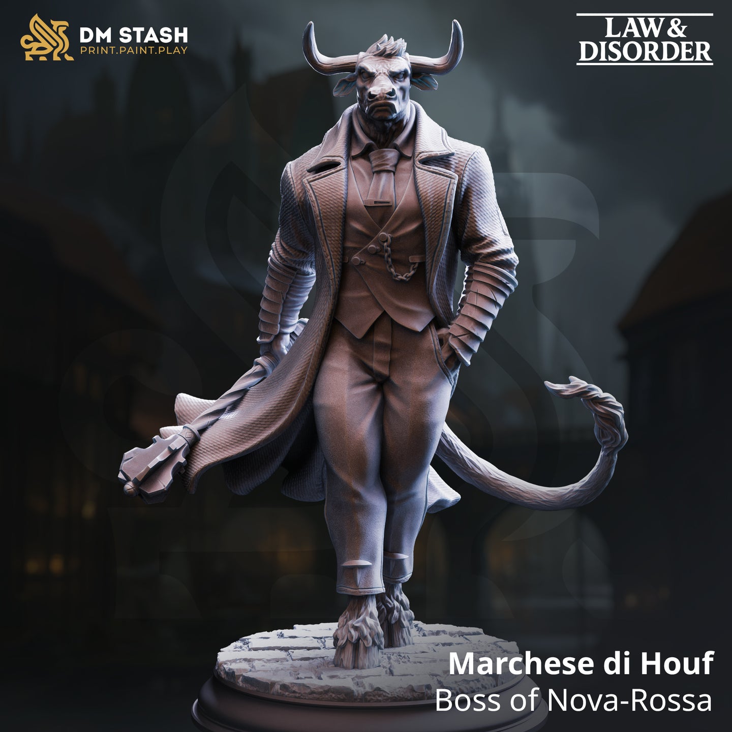 Digital render of the Marchese di Houf minotaur mob boss miniature from DM Stash's Law & Disorder collection, shown in an unpainted grey resin finish. The minotaur strides forward wearing a long textured overcoat, waistcoat, loose tie, and a dangling pocket chain. He has curved horns, a bearded bovine face, and a long tail curling to one side. The scenic cobblestone base is visible beneath his raised hooved foot.