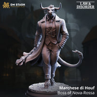 Digital render of the Marchese di Houf minotaur mob boss miniature from DM Stash's Law & Disorder collection, shown in an unpainted grey resin finish. The minotaur strides forward wearing a long textured overcoat, waistcoat, loose tie, and a dangling pocket chain. He has curved horns, a bearded bovine face, and a long tail curling to one side. The scenic cobblestone base is visible beneath his raised hooved foot.