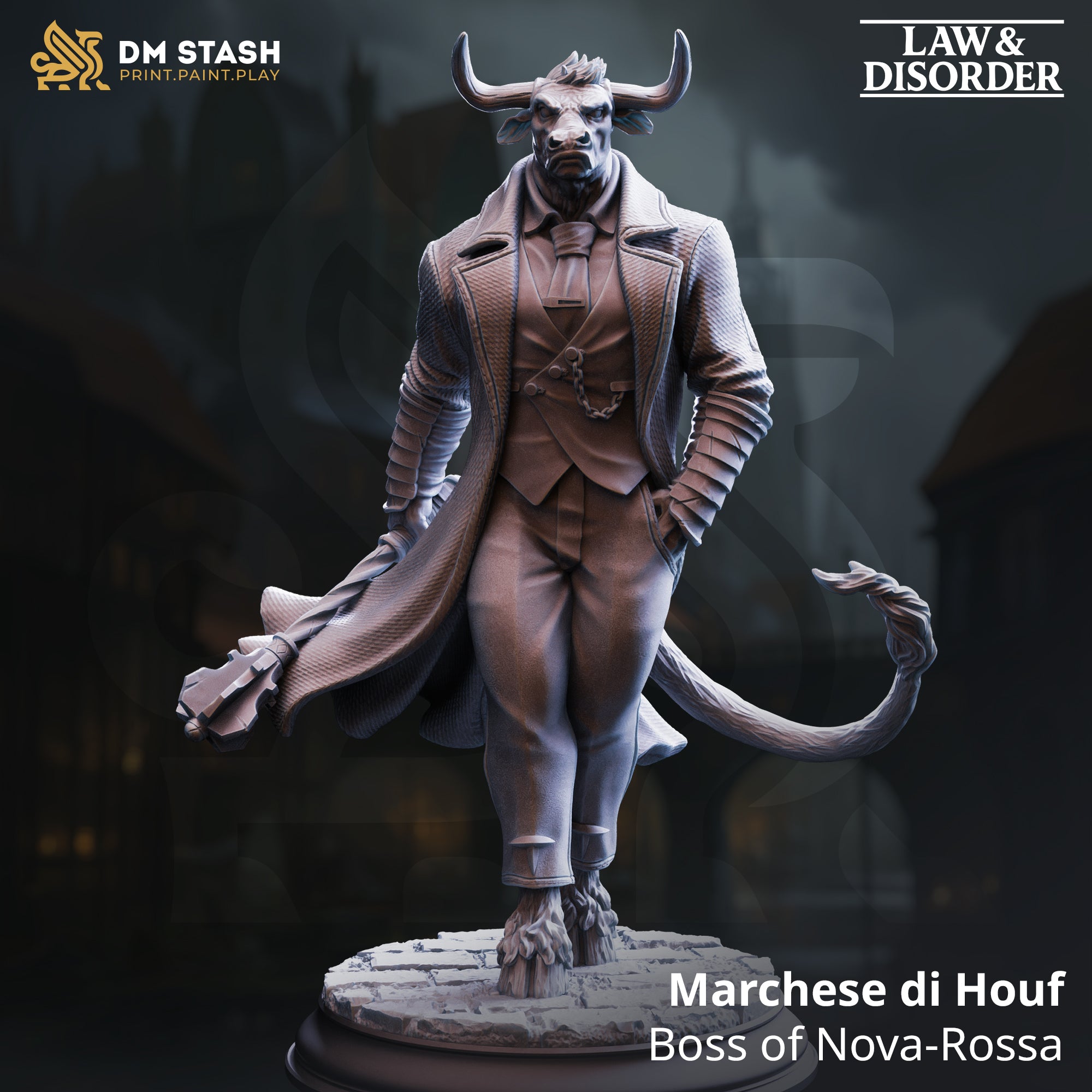 Digital render of the Marchese di Houf minotaur mob boss miniature from DM Stash's Law & Disorder collection, shown in an unpainted grey resin finish. The minotaur strides forward wearing a long textured overcoat, waistcoat, loose tie, and a dangling pocket chain. He has curved horns, a bearded bovine face, and a long tail curling to one side. The scenic cobblestone base is visible beneath his raised hooved foot.