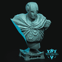 Ornate masked bust of a cloaked figure, face concealed by a smooth beak-masked helm with filigree scrollwork. Baroque breastplate with acanthus and garland relief. Witchsong Miniatures.