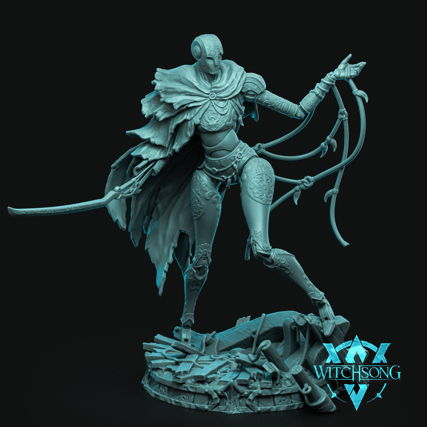 Masked, armoured female figure striding forward, one arm extended pointing, the other trailing taut marionette strings with hooked ends. Billowing tattered cape, filigree-covered armour, blank circular-lens mask. Scenic base of broken weapons and debris. Sculpt by Witchsong Miniatures.