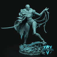 Masked, armoured female figure striding forward, one arm extended pointing, the other trailing taut marionette strings with hooked ends. Billowing tattered cape, filigree-covered armour, blank circular-lens mask. Scenic base of broken weapons and debris. Sculpt by Witchsong Miniatures.