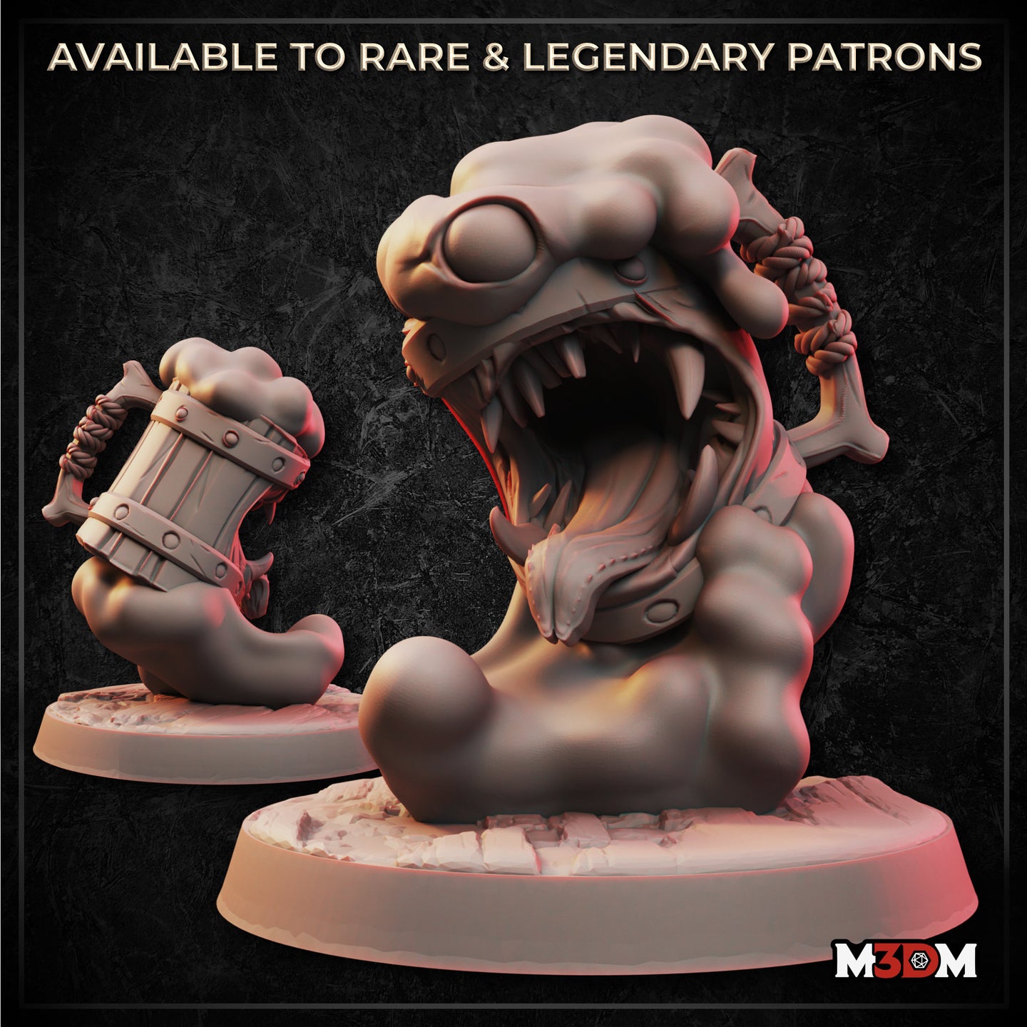 Digital render of Marty the Mug Mimic miniature by M3DM — a round, fang-toothed creature with bulging eyes, clutching a wooden tankard in one hand and a bone in the other, mouth wide open in a roar, mounted on a detailed rubble base