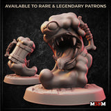 Digital render of Marty the Mug Mimic miniature by M3DM — a round, fang-toothed creature with bulging eyes, clutching a wooden tankard in one hand and a bone in the other, mouth wide open in a roar, mounted on a detailed rubble base