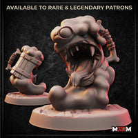 Digital render of Marty the Mug Mimic miniature by M3DM — a round, fang-toothed creature with bulging eyes, clutching a wooden tankard in one hand and a bone in the other, mouth wide open in a roar, mounted on a detailed rubble base