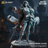 Mary-Belle Curtis Marine Inquisitor by DM Stash — rear view showing dramatically billowing quilted coat with fine texture detail and large curved lapels, sword tip visible behind her right leg, scenic dockside base.