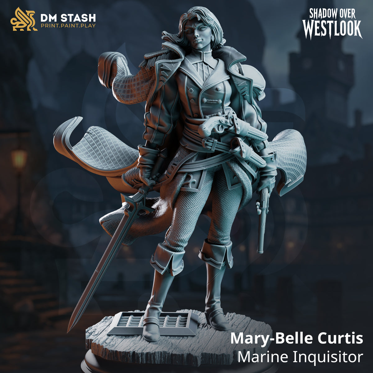 Mary-Belle Curtis Marine Inquisitor by DM Stash — rear view showing dramatically billowing quilted coat with fine texture detail and large curved lapels, sword tip visible behind her right leg, scenic dockside base.