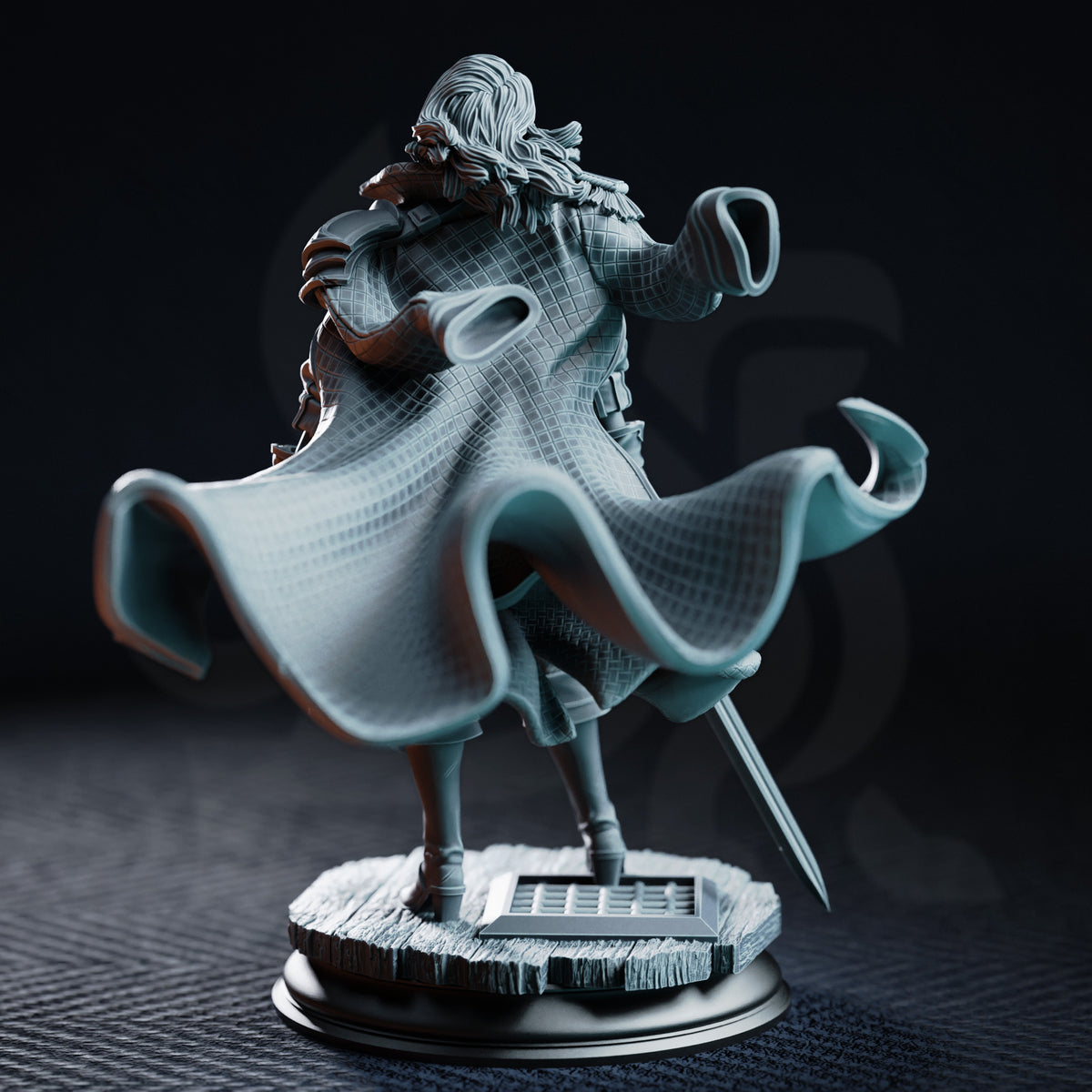 Mary-Belle Curtis Marine Inquisitor by DM Stash — composed expression, loose hair falling to shoulders, layered belts and sashes at waist, epaulette shoulder armour, sword angled downward in left hand.