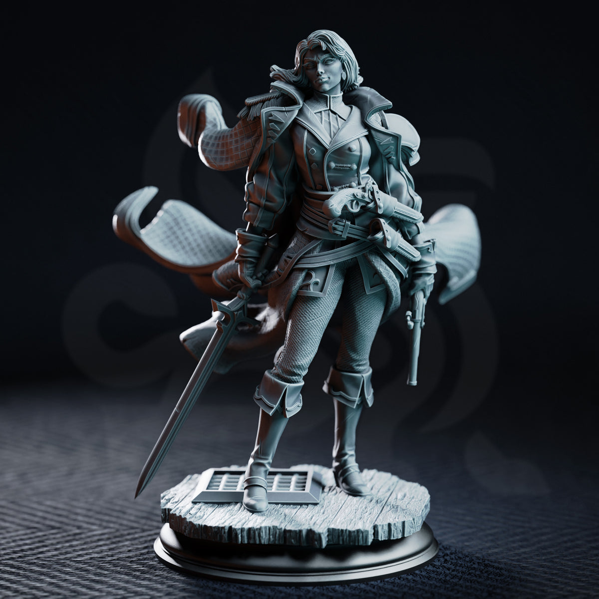 Mary-Belle Curtis Marine Inquisitor by DM Stash — confident woman in billowing quilted coat, holding a sword low and a flintlock pistol at her hip, standing on a harbour-deck scenic base.