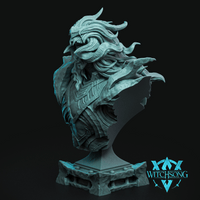 Digital render of the Master at Arms fantasy bust by Witchsong Miniatures — an unpainted teal resin-coloured display bust showing a horned, heavily armoured warrior lord with flowing hair, angular rune-etched pauldrons, and detailed chest armour, mounted on a decorative stone plinth base