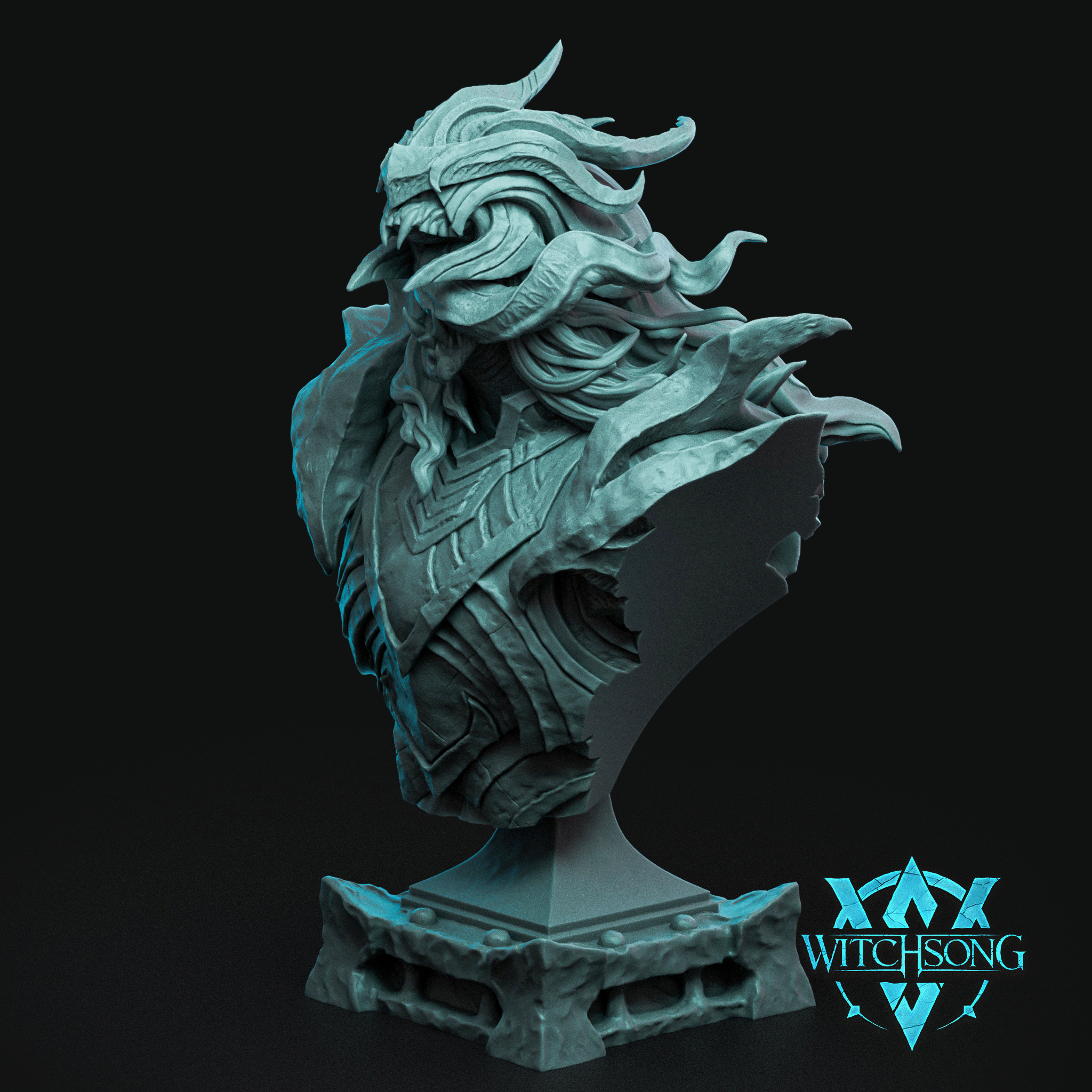 Digital render of the Master at Arms fantasy bust by Witchsong Miniatures — an unpainted teal resin-coloured display bust showing a horned, heavily armoured warrior lord with flowing hair, angular rune-etched pauldrons, and detailed chest armour, mounted on a decorative stone plinth base