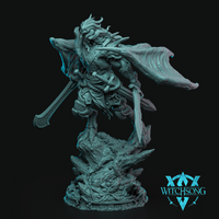 Digital render of the Master at Arms miniature by Witchsong Miniatures — an imposing horned infernal warrior in ornate layered armour, dual-wielding a long sword and a broad axe-like blade, with a tattered cloak billowing dramatically behind him. He stands atop a detailed rocky ruin base. Unpainted grey render shown against a black background.