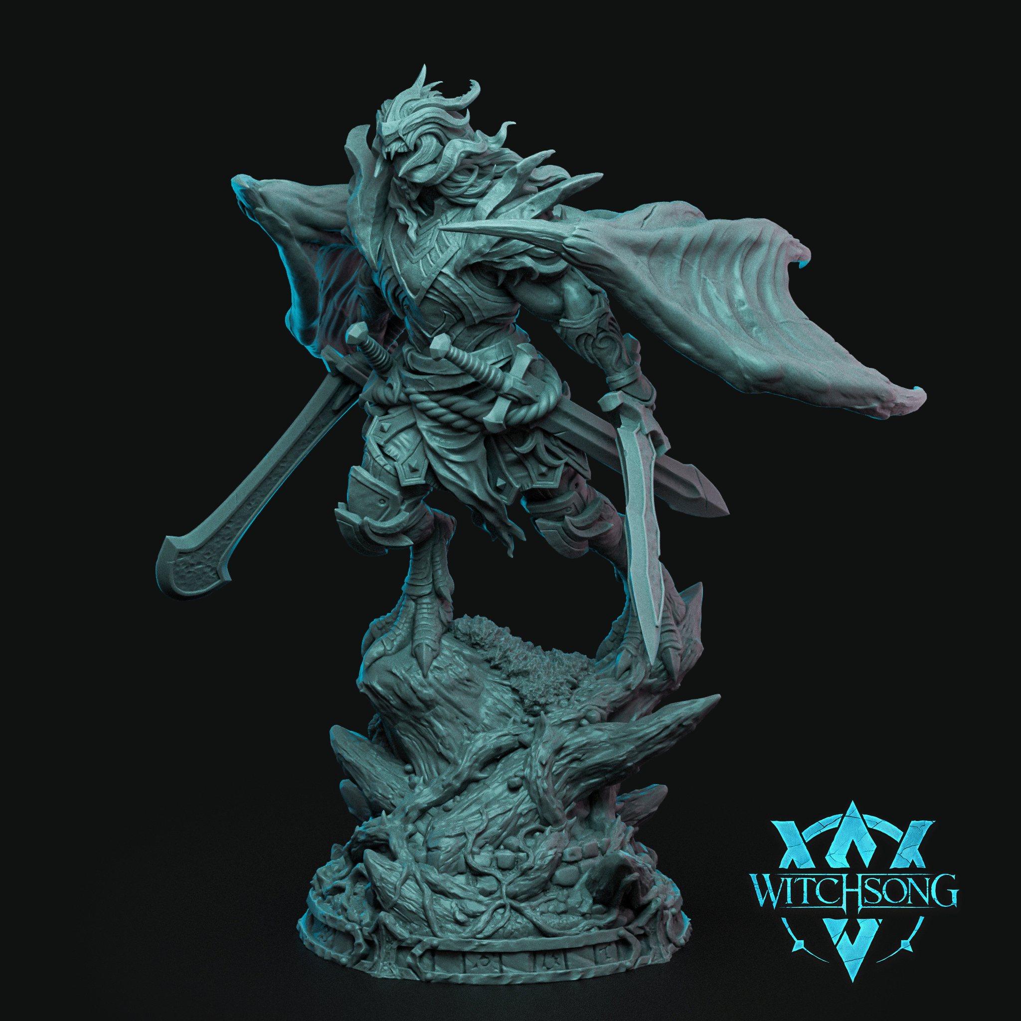 Digital render of the Master at Arms miniature by Witchsong Miniatures — an imposing horned infernal warrior in ornate layered armour, dual-wielding a long sword and a broad axe-like blade, with a tattered cloak billowing dramatically behind him. He stands atop a detailed rocky ruin base. Unpainted grey render shown against a black background.