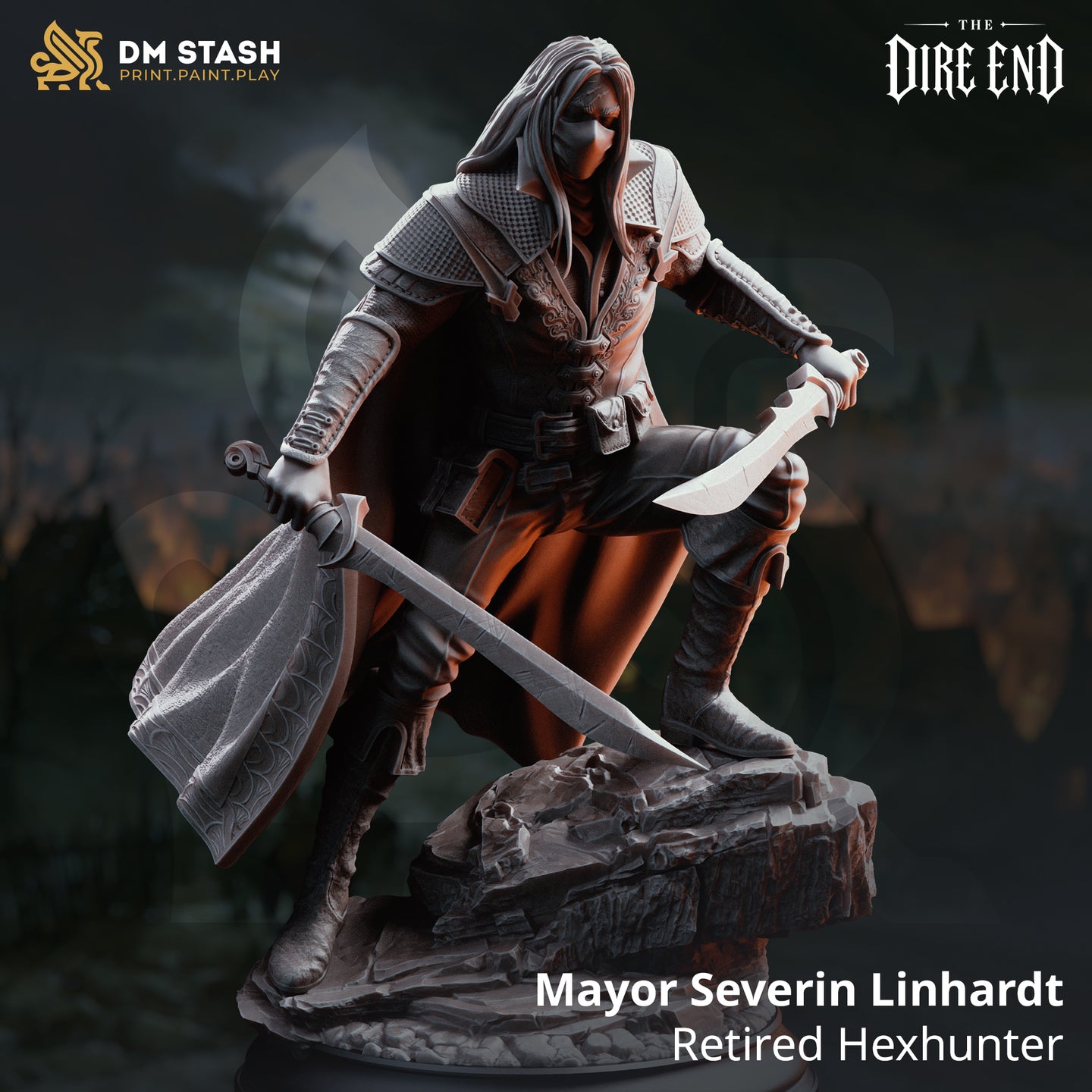 Rear view of a masked fighter showing a broad flowing cloak with embroidered edge detailing and scalloped pauldrons, both arms extended with blades in hand, standing on a jagged rock outcrop. Sculpt by DM Stash.