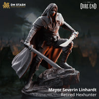 Rear view of a masked fighter showing a broad flowing cloak with embroidered edge detailing and scalloped pauldrons, both arms extended with blades in hand, standing on a jagged rock outcrop. Sculpt by DM Stash.