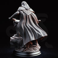 Masked dual-wielding fighter crouched on a rocky base, falchion sweeping low and curved blade thrust forward, wearing a quilted hood, scaled pauldrons, and layered coat. Sculpt by DM Stash.