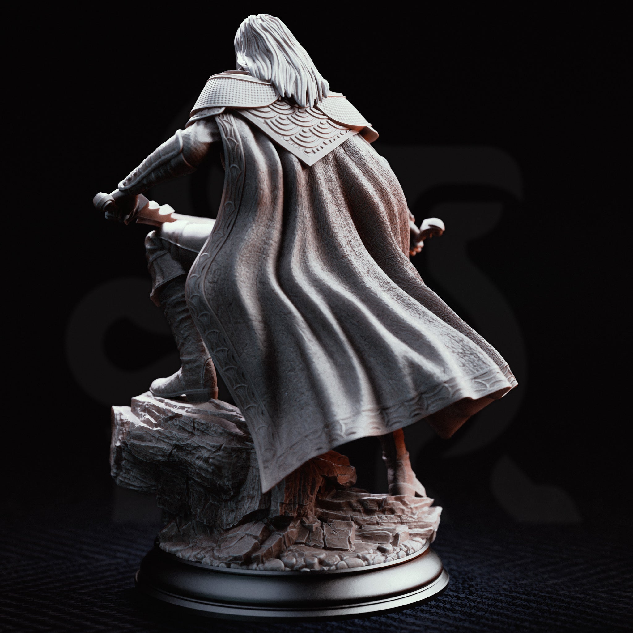 Masked dual-wielding fighter crouched on a rocky base, falchion sweeping low and curved blade thrust forward, wearing a quilted hood, scaled pauldrons, and layered coat. Sculpt by DM Stash.