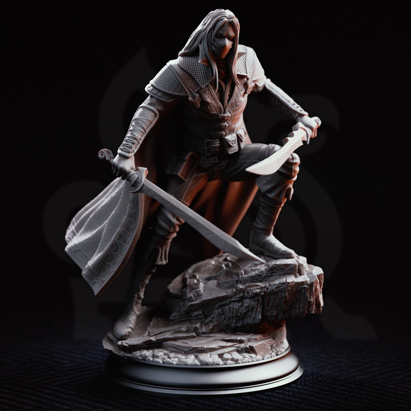 Masked dual-wielding fighter in a deep crouch, falchion angled downward and short blade extended, coat falling open to reveal belted leather armour beneath. Scenic rubble base. Sculpt by DM Stash.