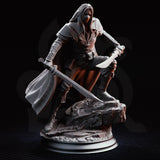 Masked dual-wielding fighter in a deep crouch, falchion angled downward and short blade extended, coat falling open to reveal belted leather armour beneath. Scenic rubble base. Sculpt by DM Stash.