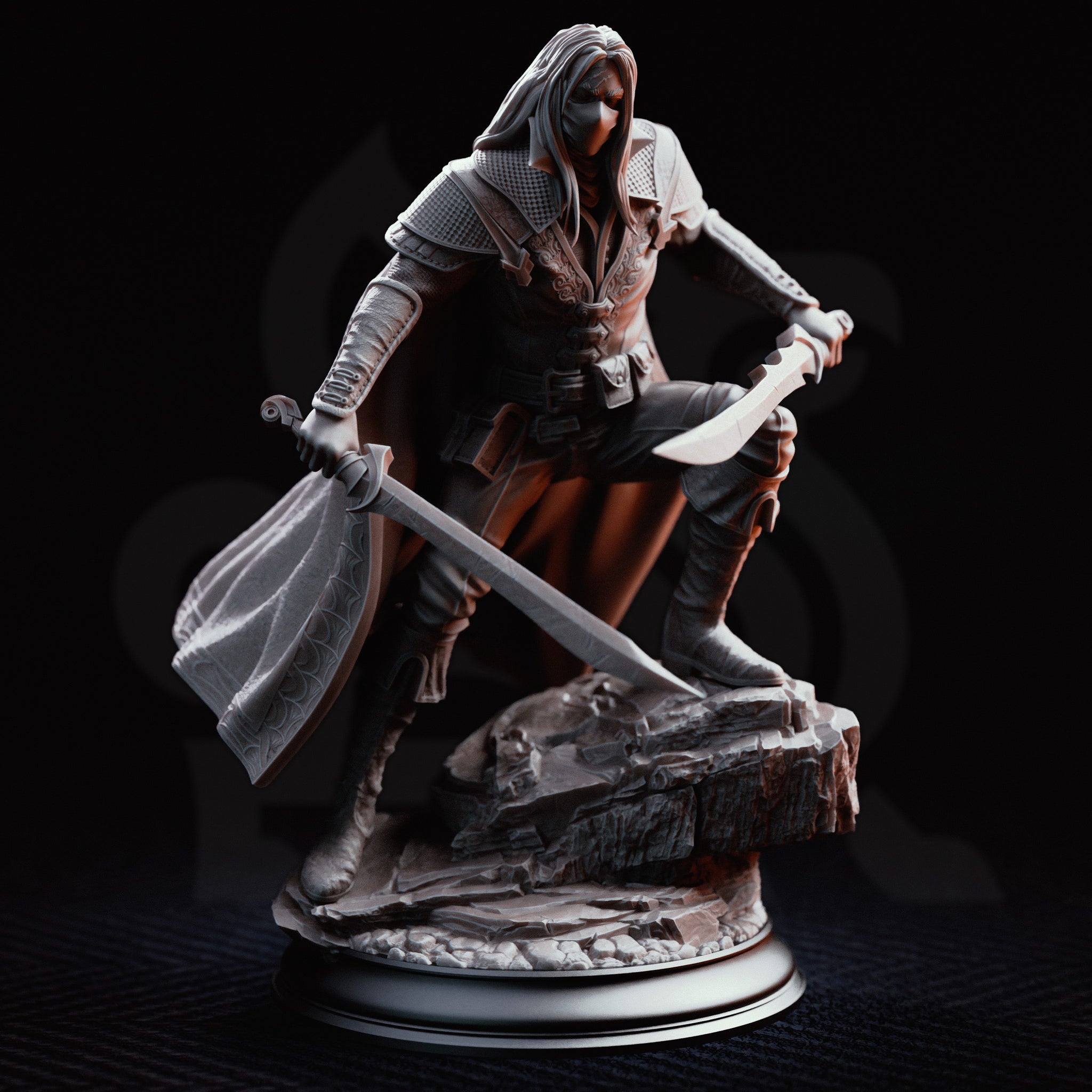 Masked dual-wielding fighter in a deep crouch, falchion angled downward and short blade extended, coat falling open to reveal belted leather armour beneath. Scenic rubble base. Sculpt by DM Stash.