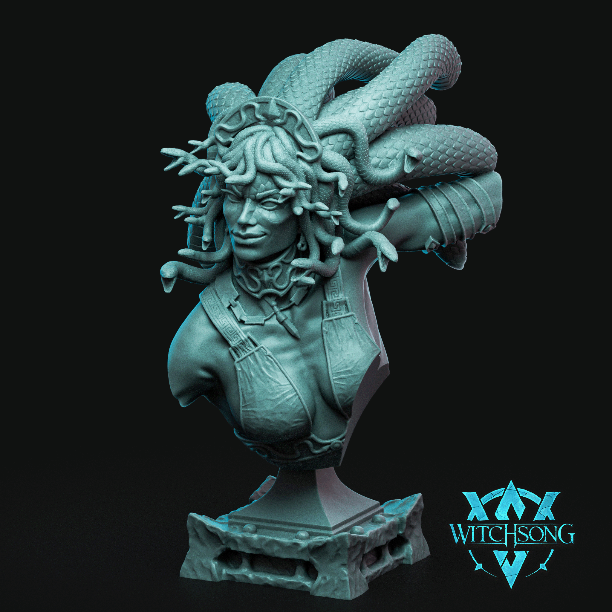 Digital render of an unpainted grey resin Medusa bust by Witchsong Miniatures, showing a female figure with a knowing smirk, coiling serpent hair, a large snake arching over her shoulder with detailed scales, Greek meander-patterned chest armour, and an ornate tiered decorative base