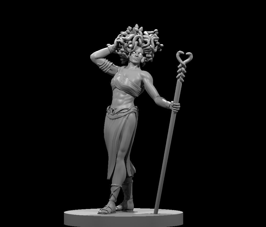 Female Medusa miniature standing upright, one hand raised to her serpent-covered hair, gripping a tall staff with a heart-shaped top. Sculpt by MZ4250.