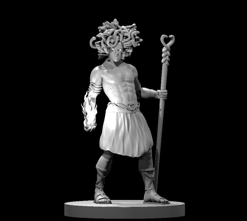 Male medusa miniature standing upright, holding a tall heart-topped staff in one hand and manifesting ghostly flame in the other, with a crown of writhing snakes in place of hair. Sculpt by MZ4250.
