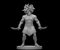 Muscular bare-chested male medusa barbarian, wide-legged stance, holding a curved blade in each hand. Writhing serpents crown his head above a fierce expression. Sandals and wrapped bracers. Sculpt by MZ4250.