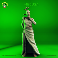 Digital render of a Medusa miniature at 32mm scale by The Toadstool Weaver — an unpainted grey sculpt of a tall female figure in a flowing classical robe with a coin-disc belt and strapped sandals, one hand raised pensively to her chin, serpentine horns rising from her hair, depicted against a vivid green background