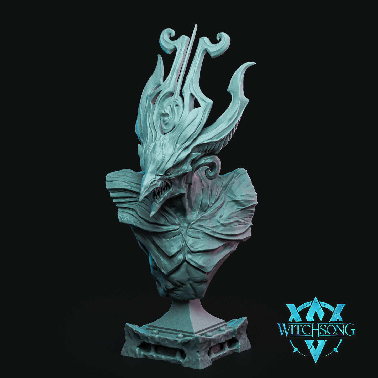 Mek'herot Prince of the Abyss resin bust by Witchsong Miniatures — digital render showing an unpainted teal-grey abyssal dragon bust with open snarling jaws, layered scales, sweeping blade-like crests and curling arcane horns, mounted on a carved decorative stone plinth