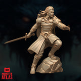 Unpainted resin miniature of Melf Prince Brightflame by Monster Atlas — front view showing elven warrior-mage in layered armour, longsword extended in right hand, left hand raised with fingers spread in an arcane gesture, long hair windswept behind him, standing on a jagged rocky base