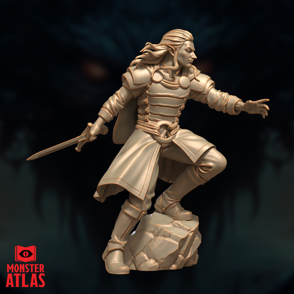 Unpainted resin miniature of Melf Prince Brightflame by Monster Atlas — three-quarter front-left view highlighting the flowing cape, riveted leather armour panels, and the dynamic lunging stance with sword lowered and arcane hand outstretched