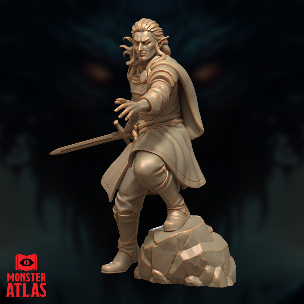 Unpainted resin miniature of Melf Prince Brightflame by Monster Atlas — close-up front view of a second pose variation showing the elf seated on a rock with one leg raised, longsword held across the body and free hand curled forward, pointed ears and windswept long hair clearly visible, fierce focused expression