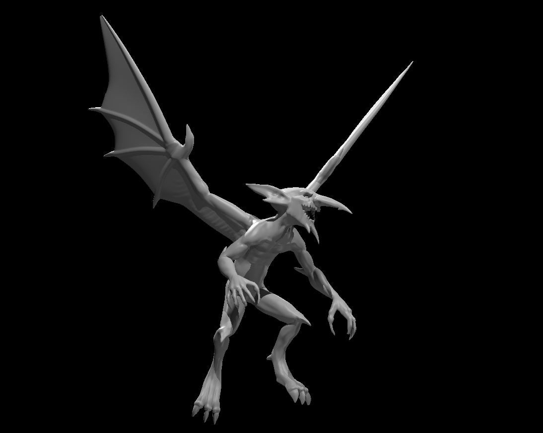 Gaunt winged mephit miniature by MZ4250, lunging forward with clawed hands and taloned feet extended, mouth open in a snarl. One wing is a leathery bat membrane, the other a sharp spike.