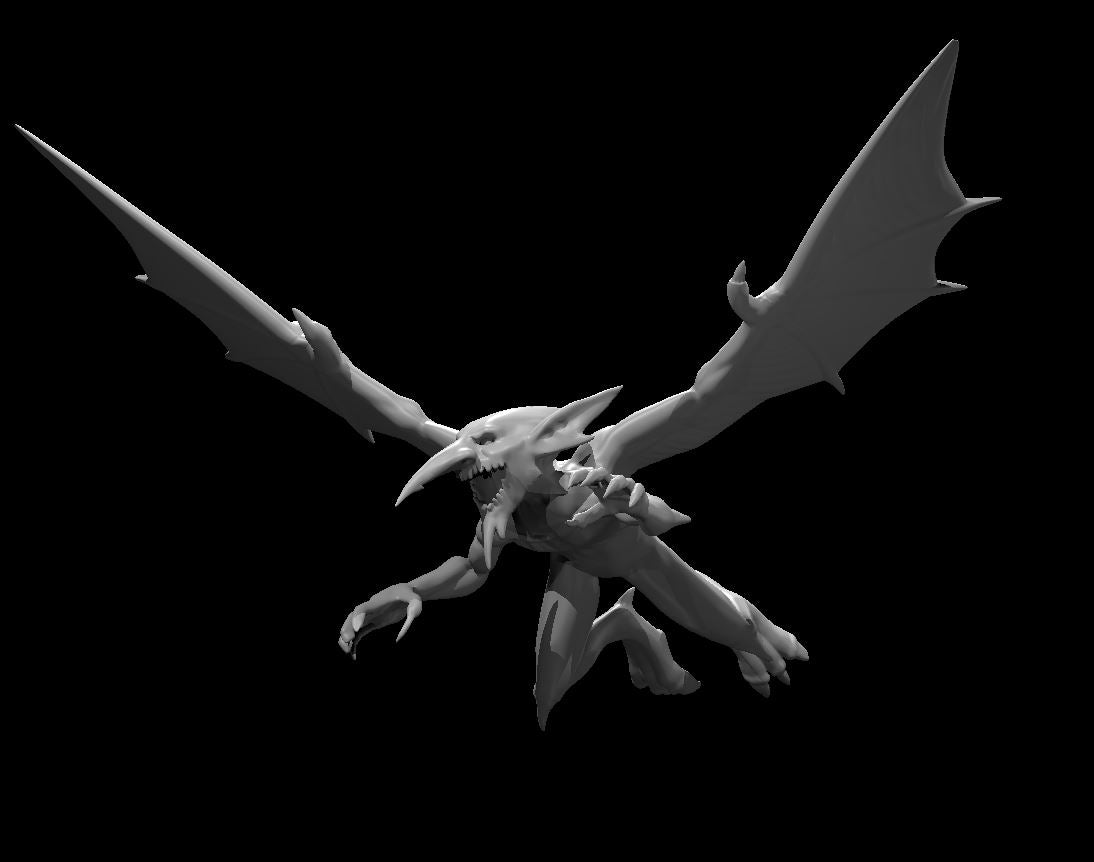 Winged mephit miniature with bat-like wings spread wide, clawed limbs outstretched mid-dive, snarling skull-like face, sharp angular wing spurs. Sculpt by MZ4250.