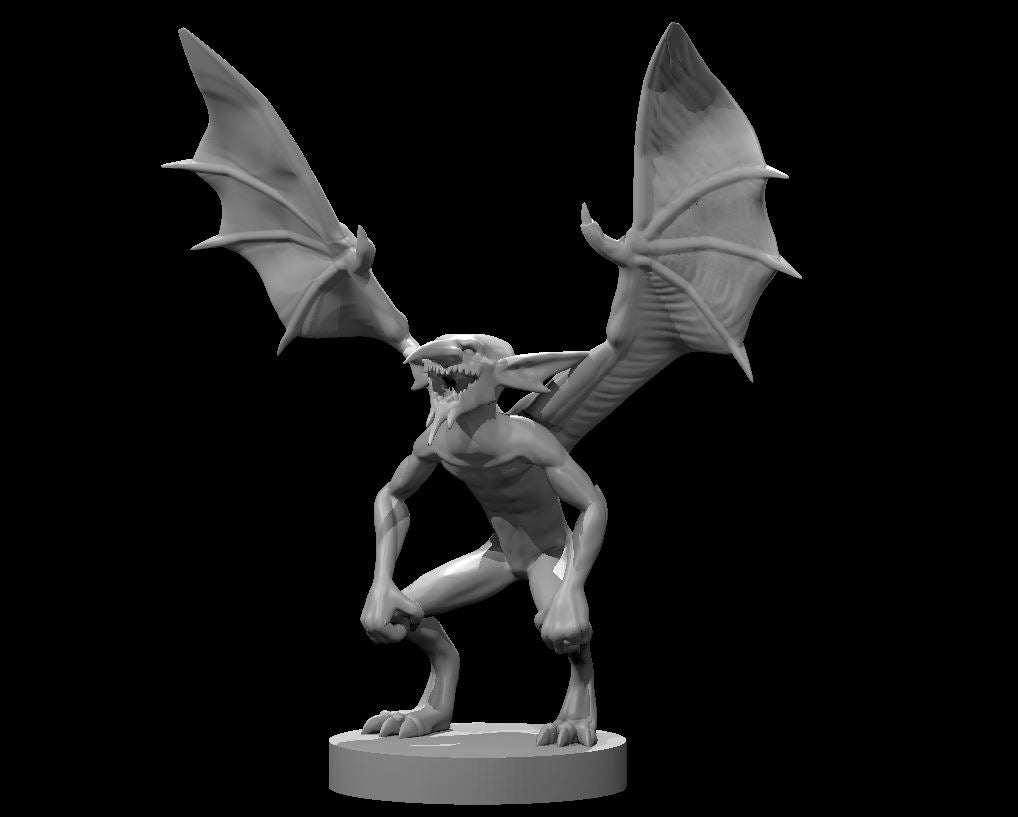 A winged mephit crouching low with both leathery wings spread wide, clawed feet gripping the base, mouth open in a snarl. Sculpt by MZ4250.